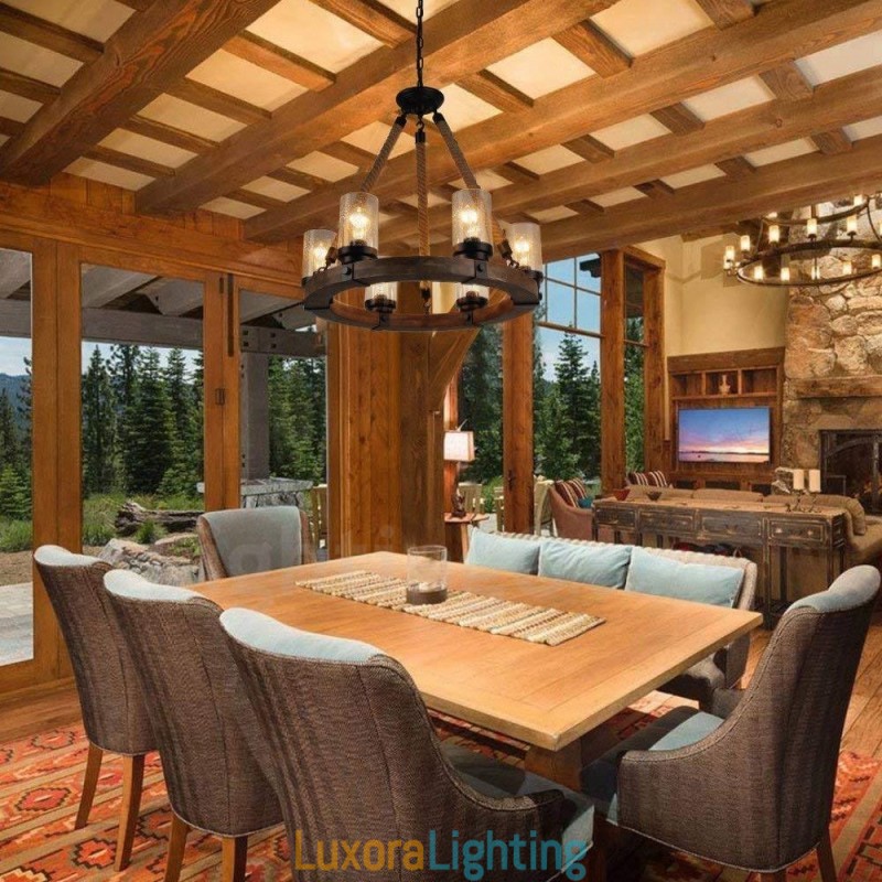 Designer Touch Decorative 6 Light Ring Vintage Wooden Chandelier Industrial Wind Loft Wood Linear Pendant Lighting