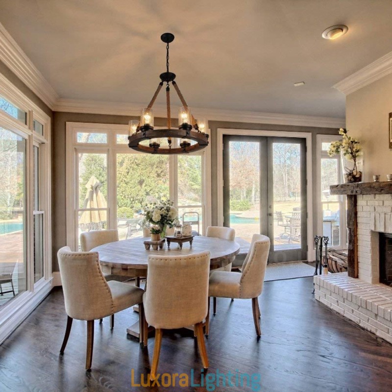 Designer Touch Decorative 6 Light Ring Vintage Wooden Chandelier Industrial Wind Loft Wood Linear Pendant Lighting