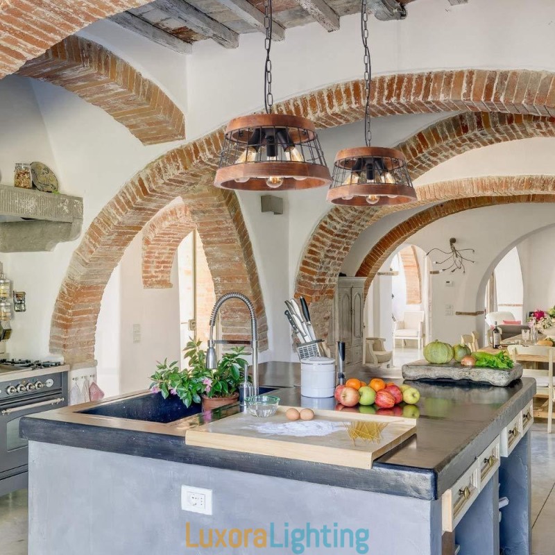 Designer Touch Decorative 3 Light Ring Vintage Wooden Chandelier Industrial Wind Loft Wood Linear Pendant Lighting