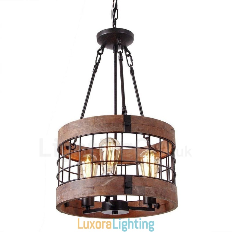 Designer Touch Decorative 3 Light Drum Vintage Wooden Chandelier Industrial Wind Loft Wood Linear Pendant Lighting
