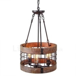 Designer Touch Decorative 3 Light Drum Vintage Wooden Chandelier Industrial Wind Loft Wood Linear Pendant Lighting