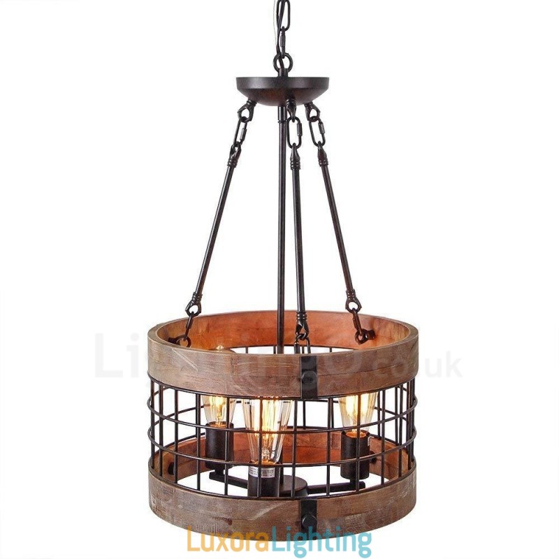 Designer Touch Decorative 3 Light Drum Vintage Wooden Chandelier Industrial Wind Loft Wood Linear Pendant Lighting