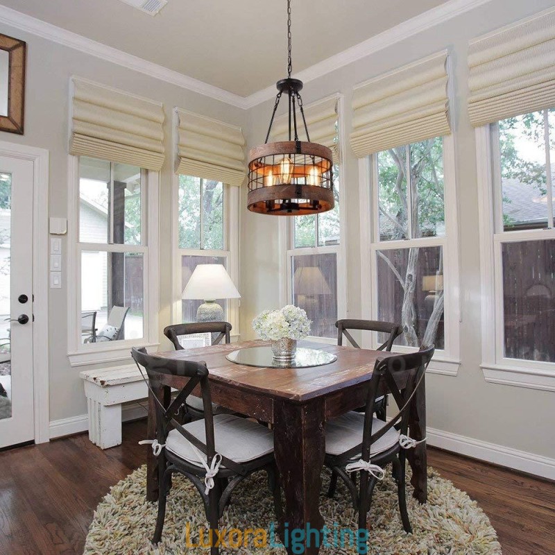 Designer Touch Decorative 3 Light Drum Vintage Wooden Chandelier Industrial Wind Loft Wood Linear Pendant Lighting