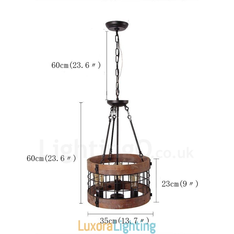 Designer Touch Decorative 3 Light Drum Vintage Wooden Chandelier Industrial Wind Loft Wood Linear Pendant Lighting