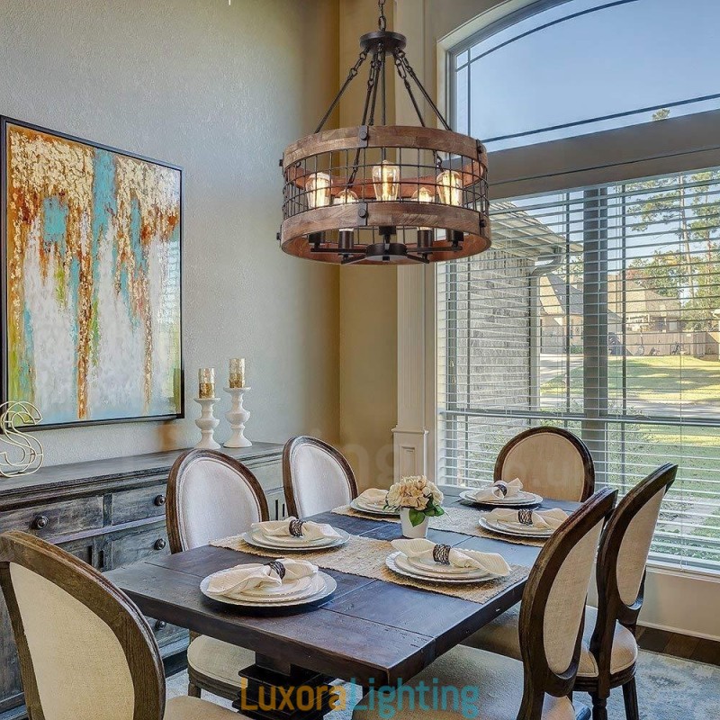 Designer Touch Decorative 5 Light Drum Vintage Wooden Chandelier Industrial Wind Loft Wood Linear Pendant Lighting