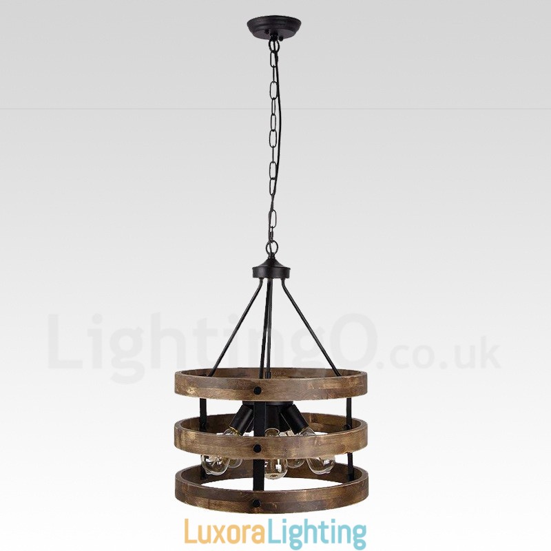 Designer Touch Decorative 5 Light Drum Vintage Wooden Chandelier Industrial Wind Loft Wood Linear Pendant Lighting