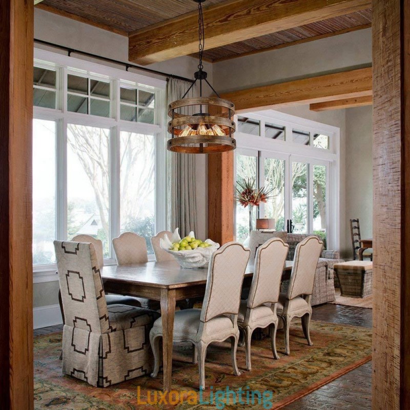 Designer Touch Decorative 5 Light Drum Vintage Wooden Chandelier Industrial Wind Loft Wood Linear Pendant Lighting