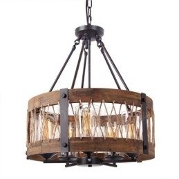 Designer Touch Decorative 5 Light Drum Vintage Wooden Chandelier Industrial Wind Loft Wood Linear Pendant Lighting