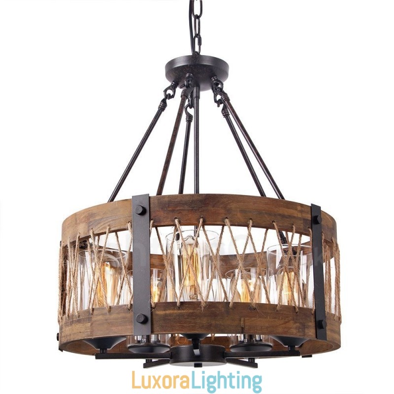 Designer Touch Decorative 5 Light Drum Vintage Wooden Chandelier Industrial Wind Loft Wood Linear Pendant Lighting