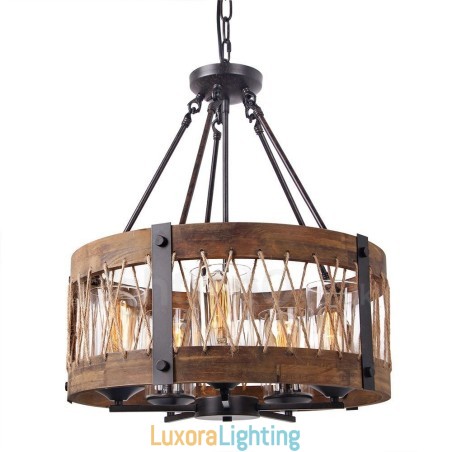 Designer Touch Decorative 5 Light Drum Vintage Wooden Chandelier Industrial Wind Loft Wood Linear Pendant Lighting