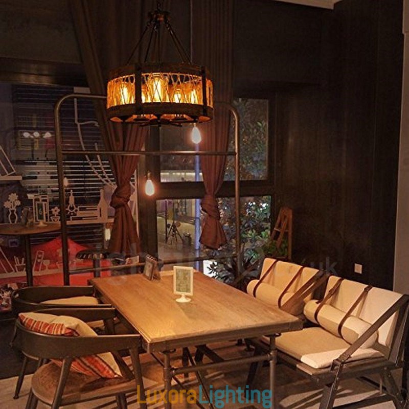 Designer Touch Decorative 5 Light Drum Vintage Wooden Chandelier Industrial Wind Loft Wood Linear Pendant Lighting
