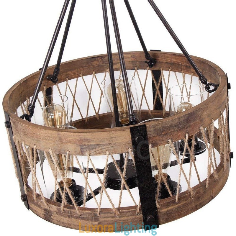 Designer Touch Decorative 5 Light Drum Vintage Wooden Chandelier Industrial Wind Loft Wood Linear Pendant Lighting