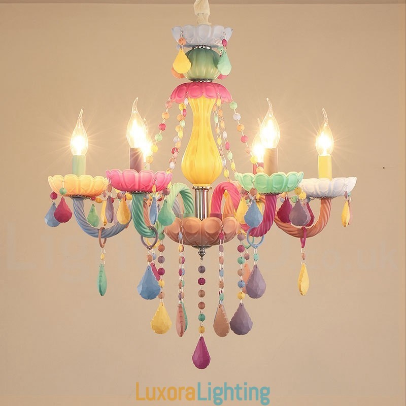 Designer Touch Decorative Macaron 6 Light Chandelier with Multi Colours Crystal Candle Mini Style for Kid's Children
