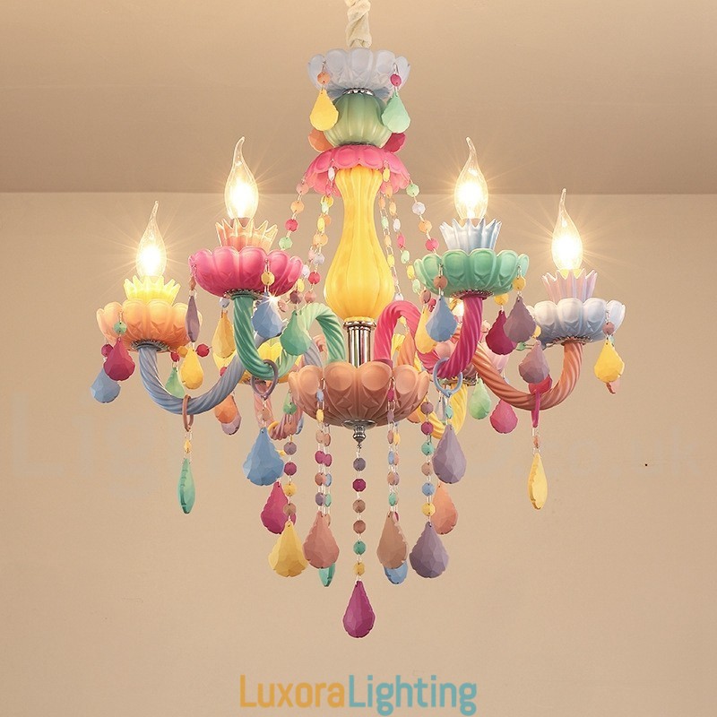 Designer Touch Decorative Macaron 6 Light Chandelier with Multi Colours Crystal Candle Mini Style for Kid's Children