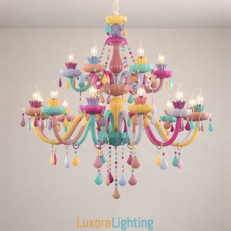Designer Touch Decorative Macaron 18 (12+6) Light Chandelier with Multi Colours Crystal Candle Mini Style for Kid's Children