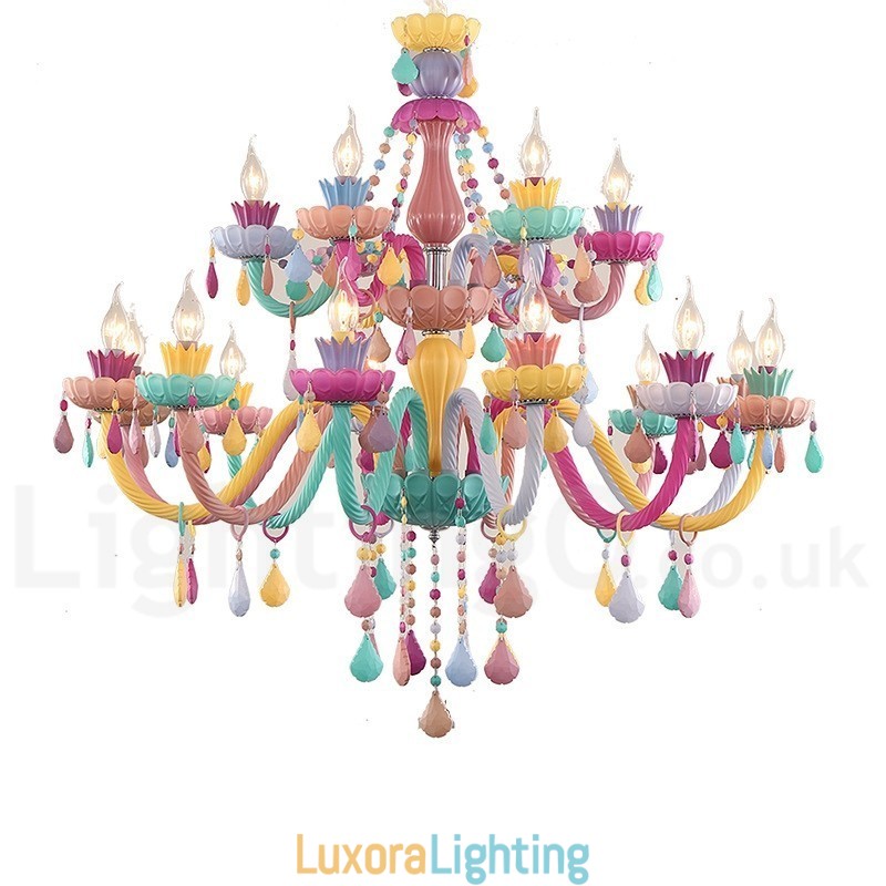 Designer Touch Decorative Macaron 18 (12+6) Light Chandelier with Multi Colours Crystal Candle Mini Style for Kid's Children