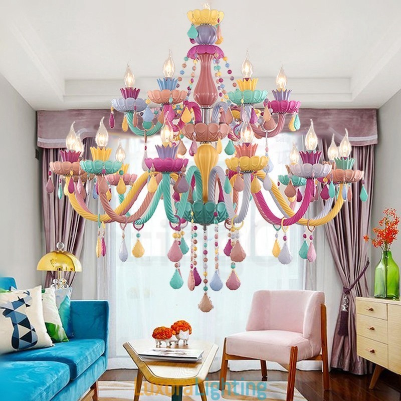 Designer Touch Decorative Macaron 18 (12+6) Light Chandelier with Multi Colours Crystal Candle Mini Style for Kid's Children