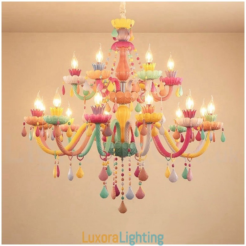 Designer Touch Decorative Macaron 18 (12+6) Light Chandelier with Multi Colours Crystal Candle Mini Style for Kid's Children