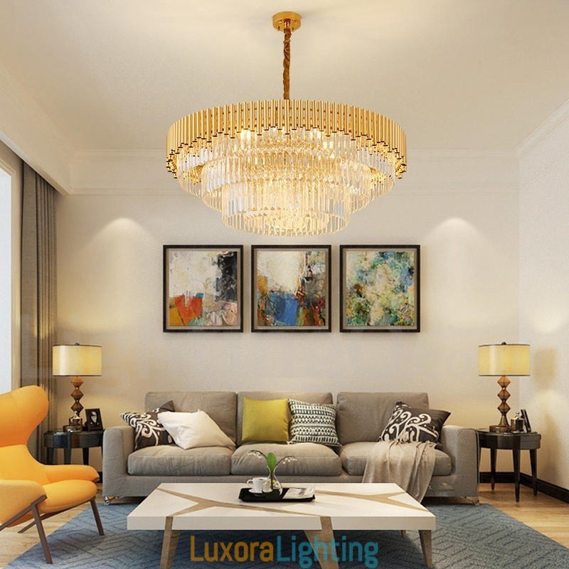 Designer Touch Decorative Postmodern Gold Luxury Round K9 Crystal Pendant Chandelier Lights Exhibition Hall