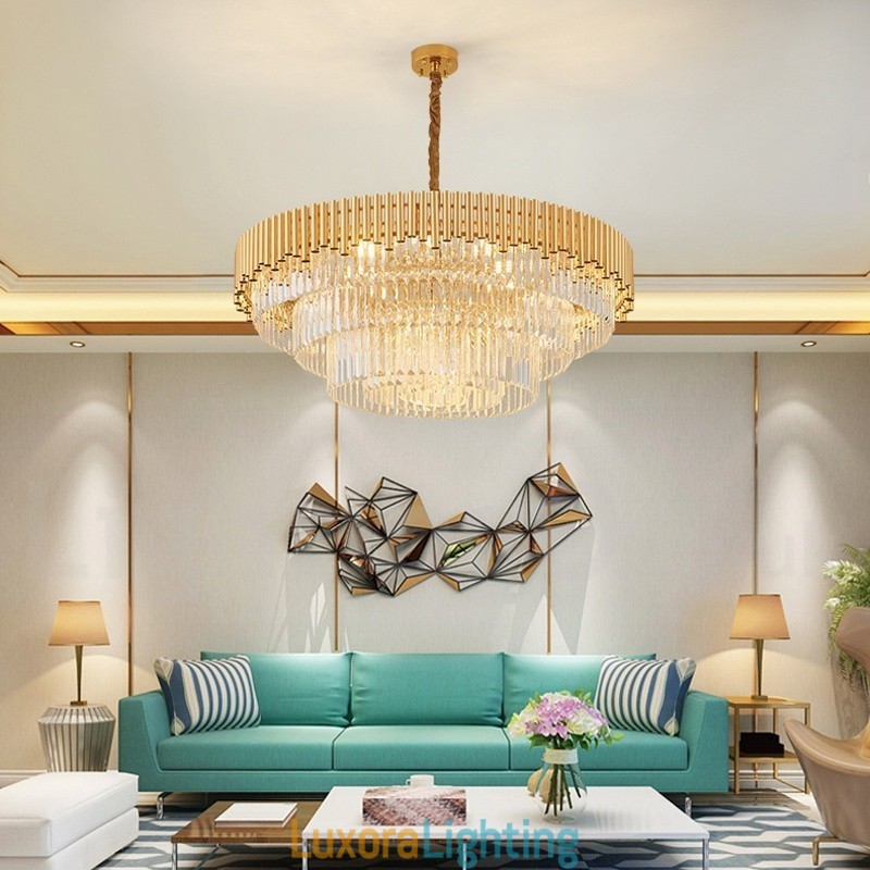 Designer Touch Decorative Postmodern Gold Luxury Round K9 Crystal Pendant Chandelier Lights Exhibition Hall