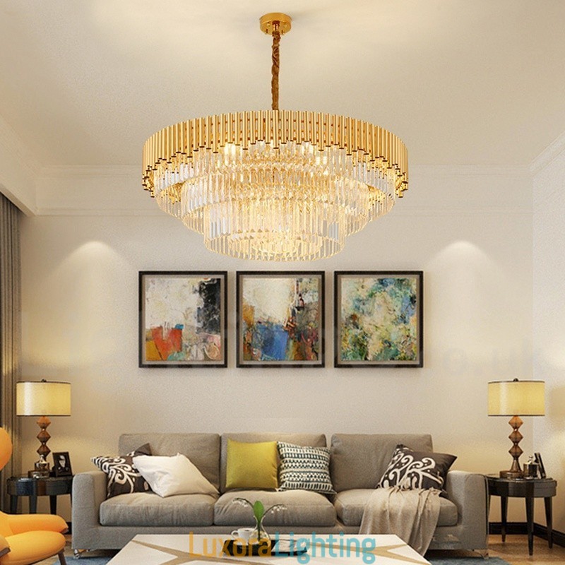 Designer Touch Decorative Postmodern Gold Luxury Round K9 Crystal Pendant Chandelier Lights Exhibition Hall