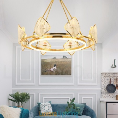 Designer Touch Decorative Gold Postmodern Luxury Round K9 Crystal Pendant Chandelier Light with Acrylic Shade Exhibition Hall