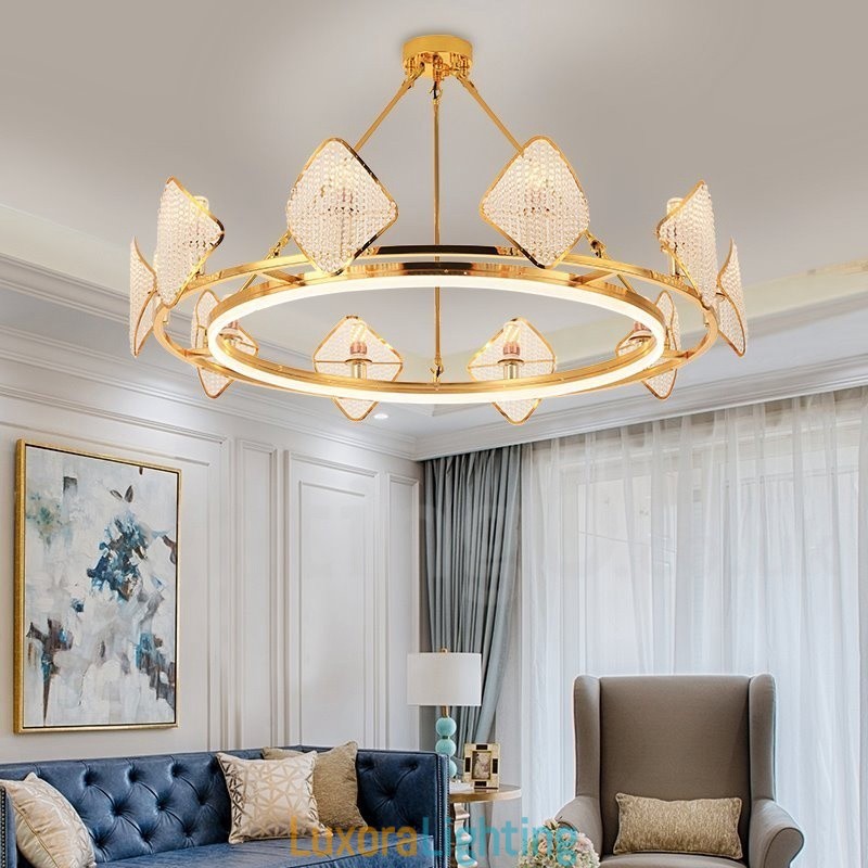Designer Touch Decorative Gold Postmodern Luxury Round K9 Crystal Pendant Chandelier Light with Acrylic Shade Exhibition Hall