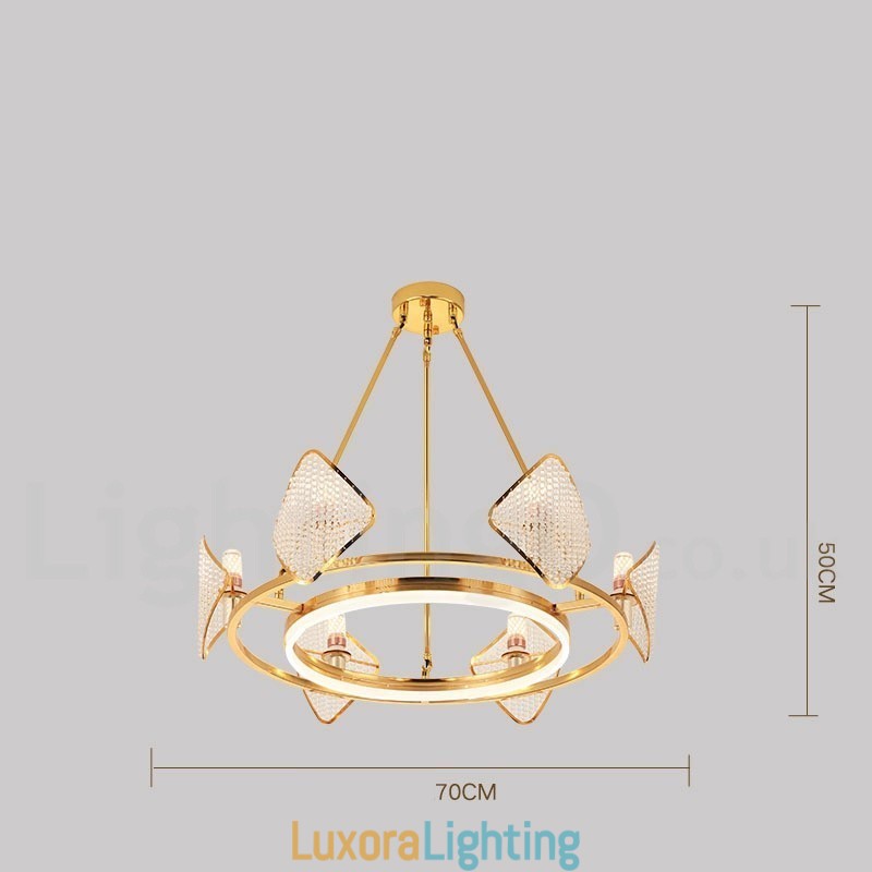 Designer Touch Decorative Gold Postmodern Luxury Round K9 Crystal Pendant Chandelier Light with Acrylic Shade Exhibition Hall