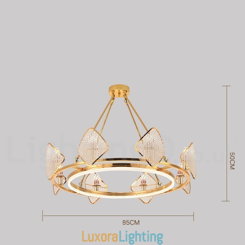 Designer Touch Decorative Gold Postmodern Luxury Round K9 Crystal Pendant Chandelier Light with Acrylic Shade Exhibition Hall