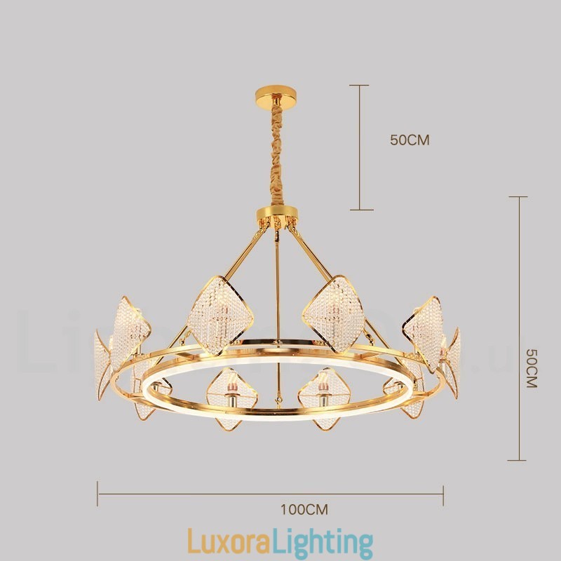 Designer Touch Decorative Gold Postmodern Luxury Round K9 Crystal Pendant Chandelier Light with Acrylic Shade Exhibition Hall