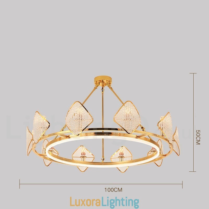 Designer Touch Decorative Gold Postmodern Luxury Round K9 Crystal Pendant Chandelier Light with Acrylic Shade Exhibition Hall