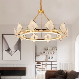 Designer Touch Decorative Gold Postmodern Luxury Round K9 Crystal Pendant Chandelier Light with Acrylic Shade Exhibition Hall