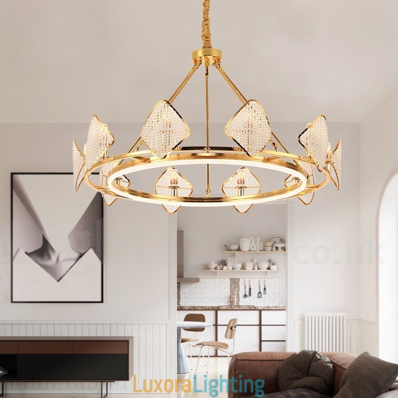 Designer Touch Decorative Gold Postmodern Luxury Round K9 Crystal Pendant Chandelier Light with Acrylic Shade Exhibition Hall