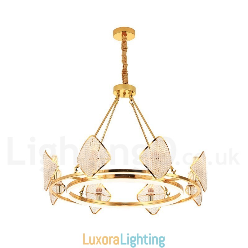 Designer Touch Decorative Gold Postmodern Luxury Round K9 Crystal Pendant Chandelier Light with Acrylic Shade Exhibition Hall