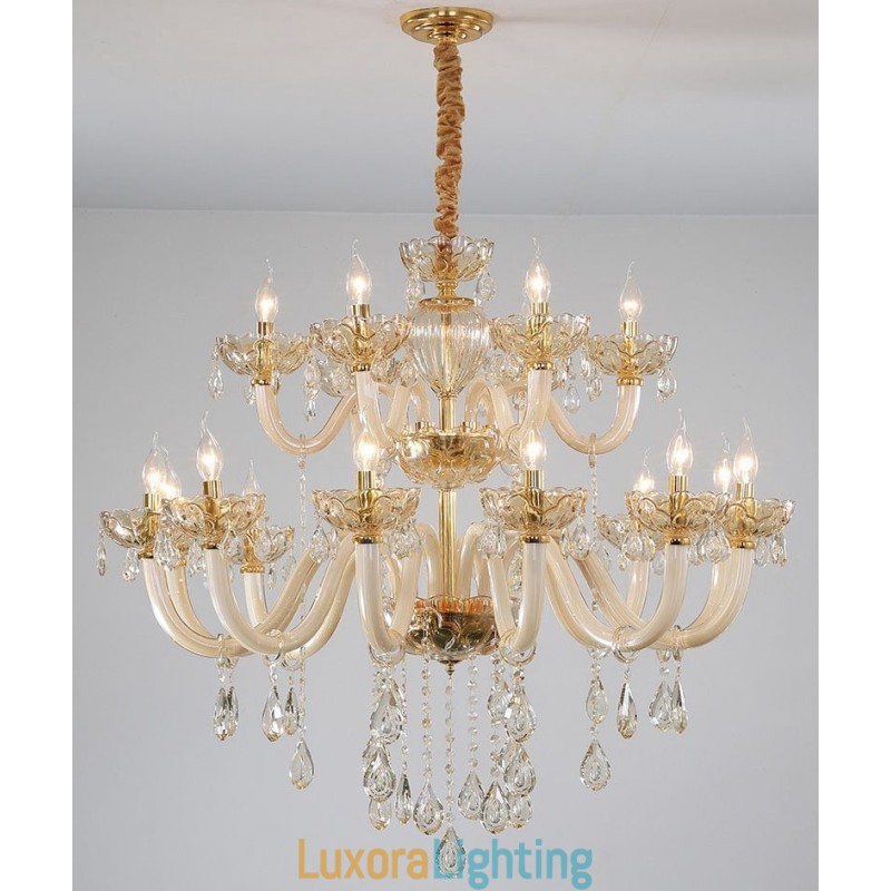 Designer Touch Decorative 18 (12+6) Light Champagne Colour Elegant Crystal Candle Chandelier