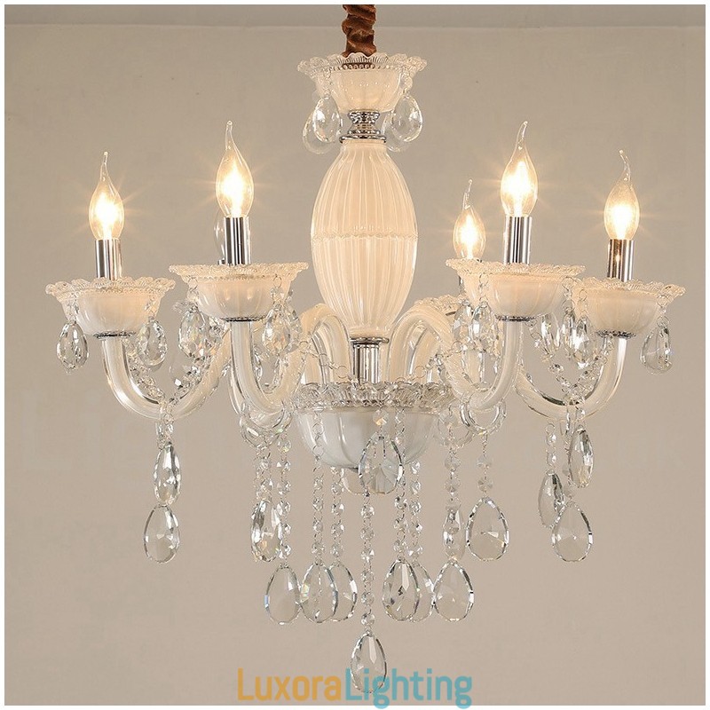 Designer Touch Decorative 6 Light White Candle Chandelier with Crystal