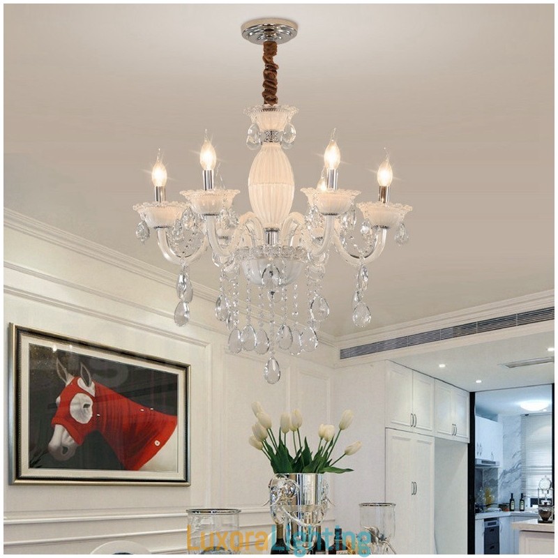 Designer Touch Decorative 6 Light White Candle Chandelier with Crystal