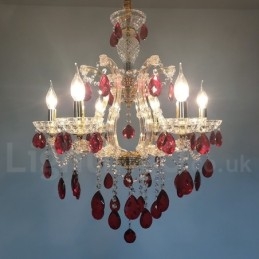 Designer Touch Decorative 6 Light Gold Candle Chandelier with Red Crystal