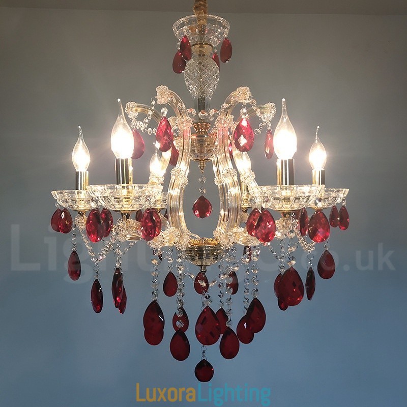 Designer Touch Decorative 6 Light Gold Candle Chandelier with Red Crystal