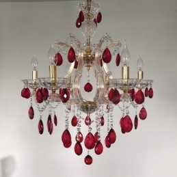 Designer Touch Decorative 6 Light Gold Candle Chandelier with Red Crystal