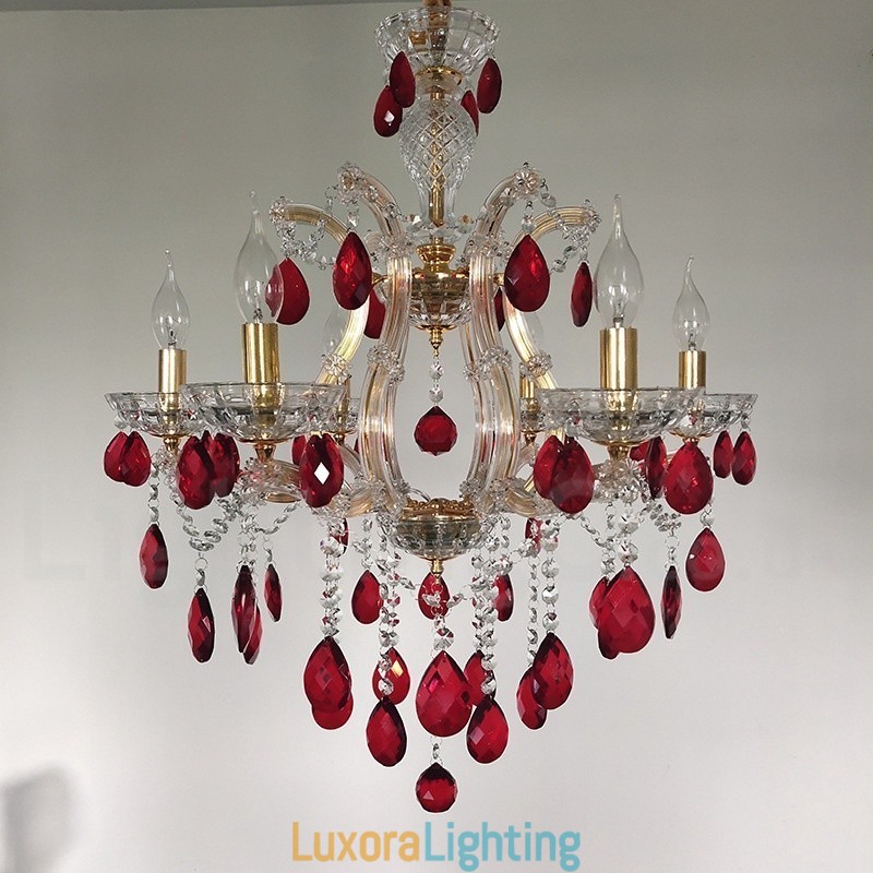 Designer Touch Decorative 6 Light Gold Candle Chandelier with Red Crystal