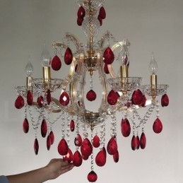 Designer Touch Decorative 6 Light Gold Candle Chandelier with Red Crystal