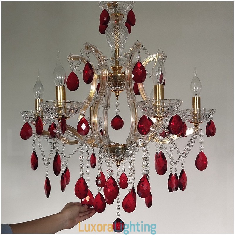 Designer Touch Decorative 6 Light Gold Candle Chandelier with Red Crystal