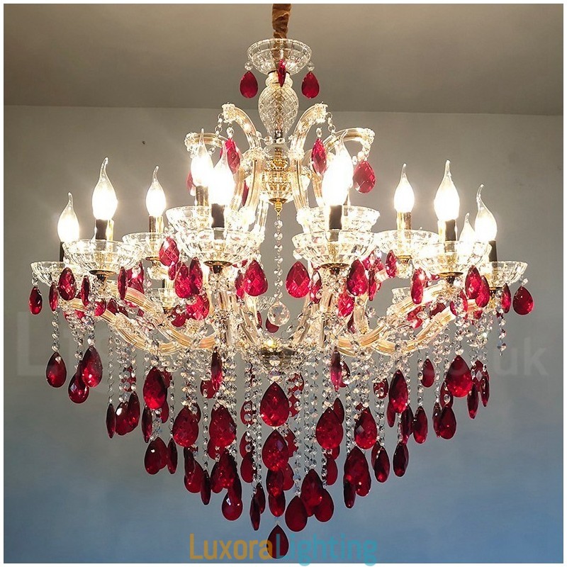 Designer Touch Decorative 18 (12+6) Light Luxurious Red Crystal Candle Gold Chandelier