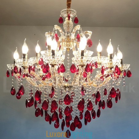 Designer Touch Decorative 18 (12+6) Light Luxurious Red Crystal Candle Gold Chandelier