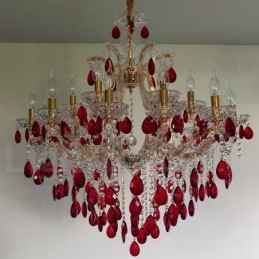 Designer Touch Decorative 18 (12+6) Light Luxurious Red Crystal Candle Gold Chandelier