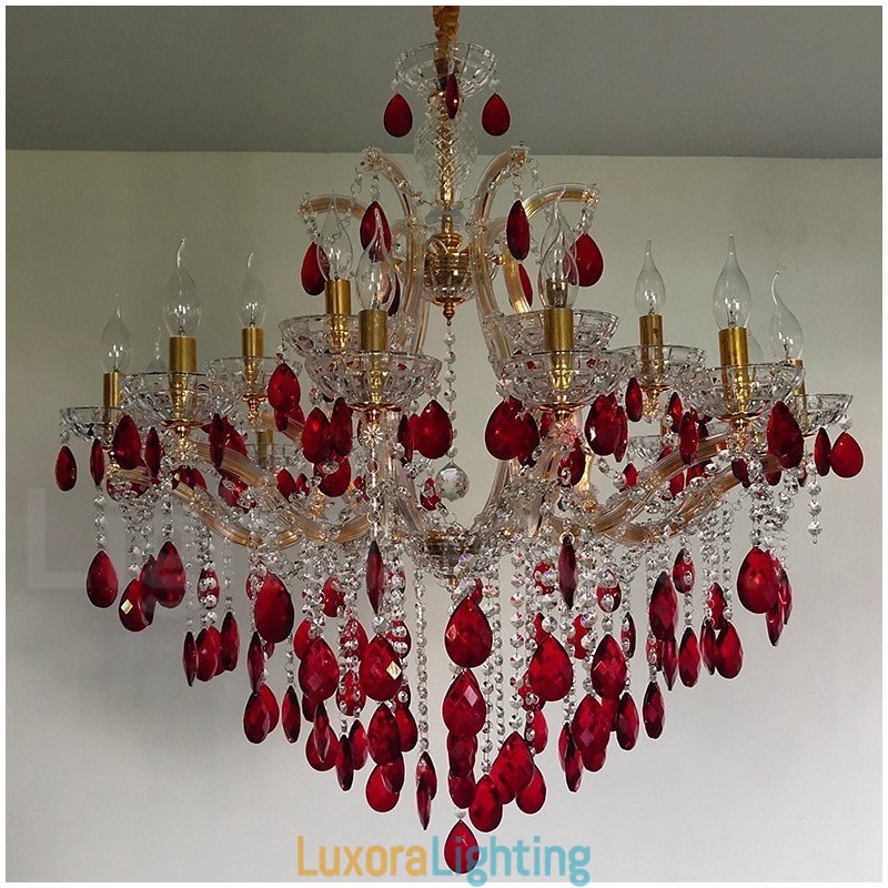 Designer Touch Decorative 18 (12+6) Light Luxurious Red Crystal Candle Gold Chandelier