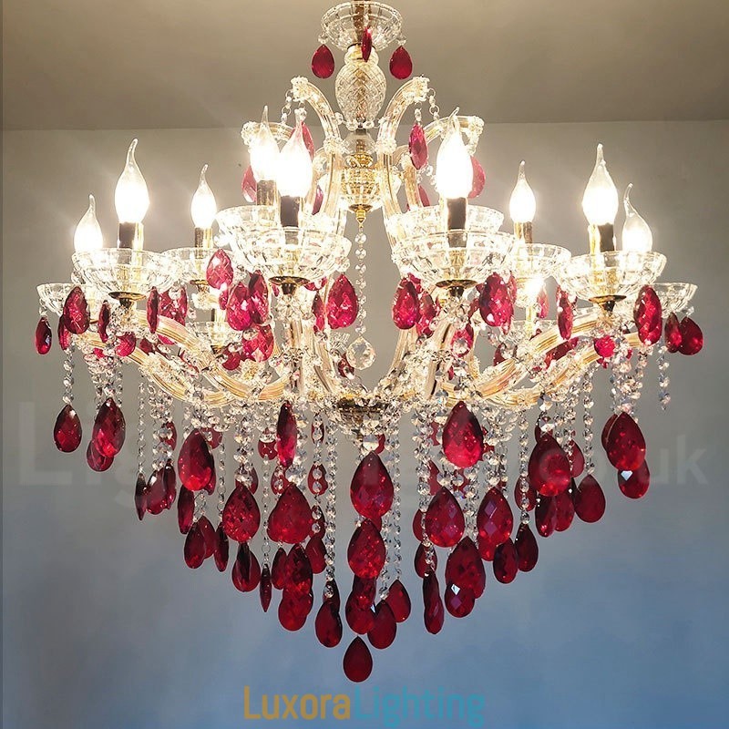 Designer Touch Decorative 18 (12+6) Light Luxurious Red Crystal Candle Gold Chandelier