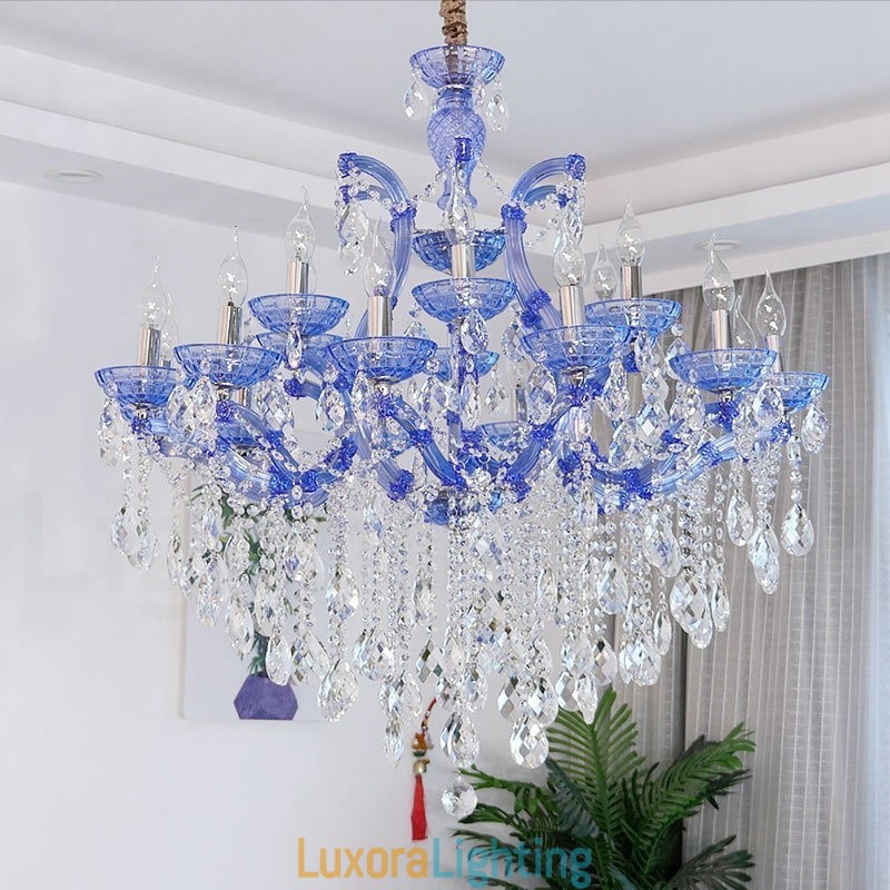 Designer Touch Decorative Multi Colours 18 (12+6) Light Luxurious Crystal Candle Chandelier with Clear Crystal