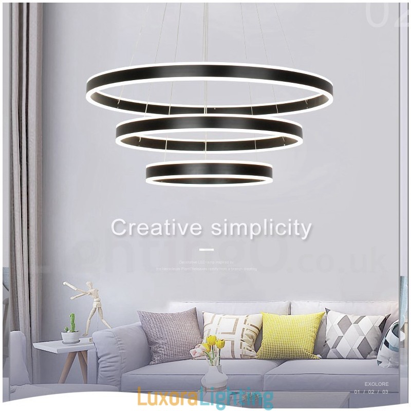 Designer Touch Decorative Dimmable Wi Fi Smart 3 Rings Two Strips Modern Contemporary Pendant Light with Acrylic Shade